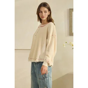 Oli & Hali- Washed X-Stitch Long Sleeve Top (Cream)