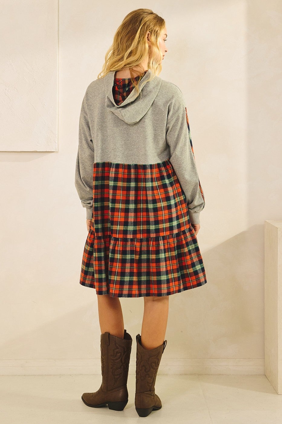 MITTOSHOP- Mixed Plaid Oversized Hoodie Dress (Orange/Blue) *Final Sale*