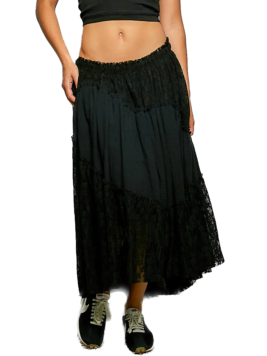 POL- Double Gauze Raw Edge Lace Skirt (Black)