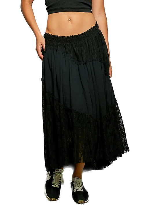 POL- Double Gauze Raw Edge Lace Skirt (Black)