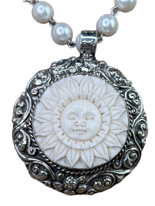 Tibetan Silver Bone-Carved Sleeping Sun Necklace