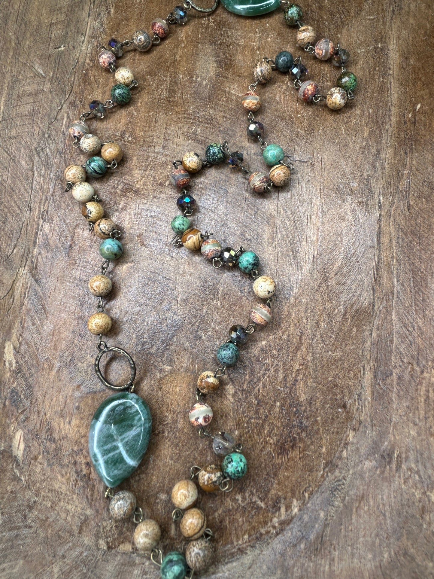 Long Multi-Beaded Textured Necklace with Green Stones