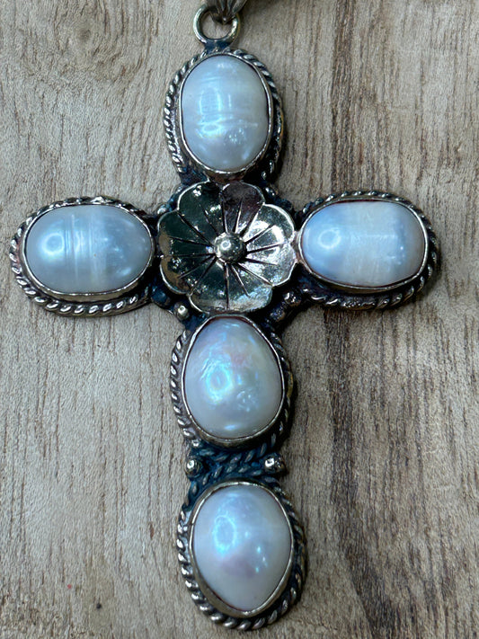 Tibetan Silver Pearl Cross Pendant Necklace