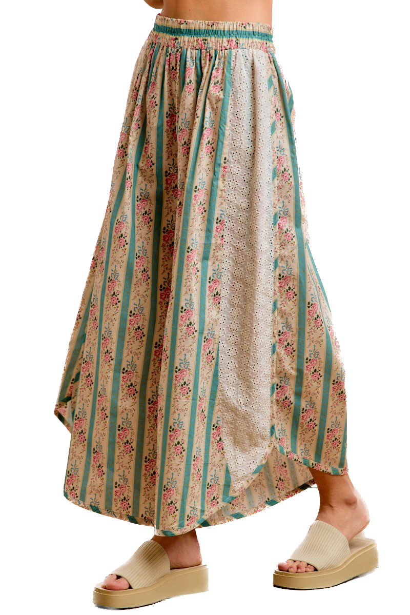 Bibi- Floral Eyelet Wide Leg Pants (Teal)