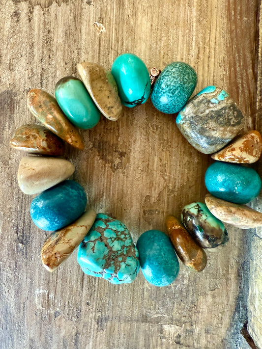 Genuine Turquoise Eclectic Handmade stretch bracelet--ERR original design