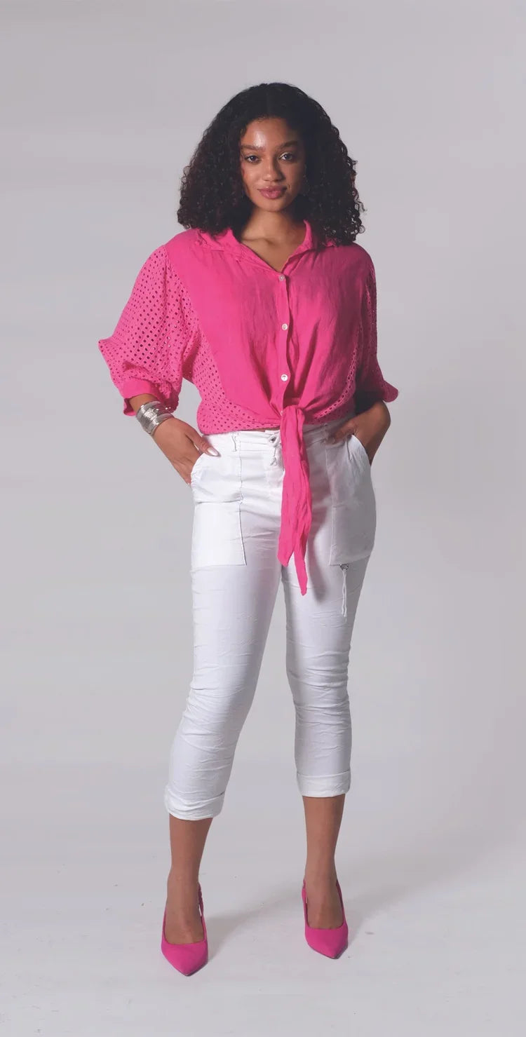 Button Up Top Front Tie Top (Fuchsia)