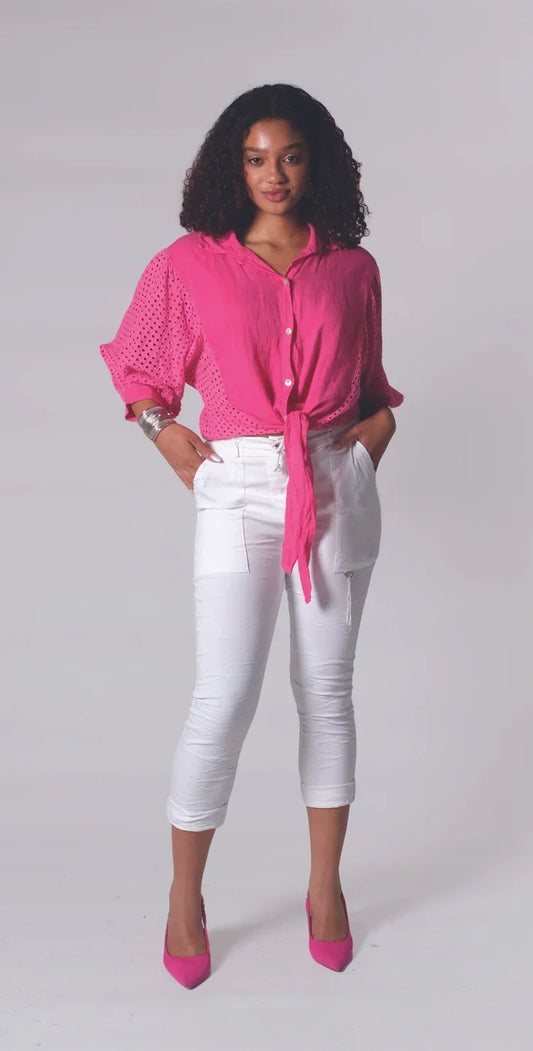 Button Up Top Front Tie Top (Fuchsia)