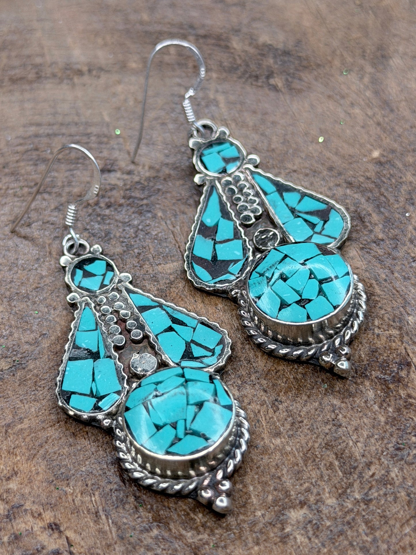 German Silver Blue Turquoise Chip Earrings
