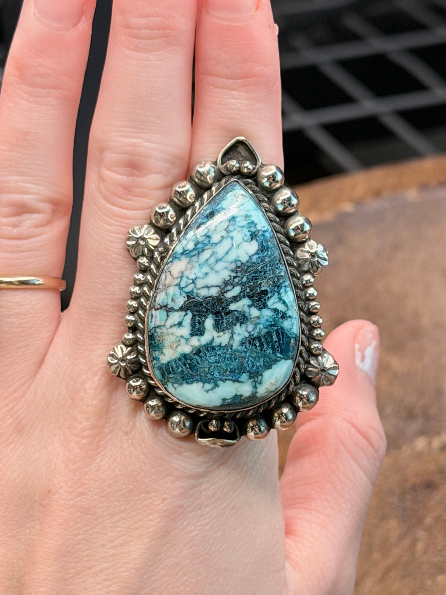German Silver Blue Turquoise Teardrop Ring