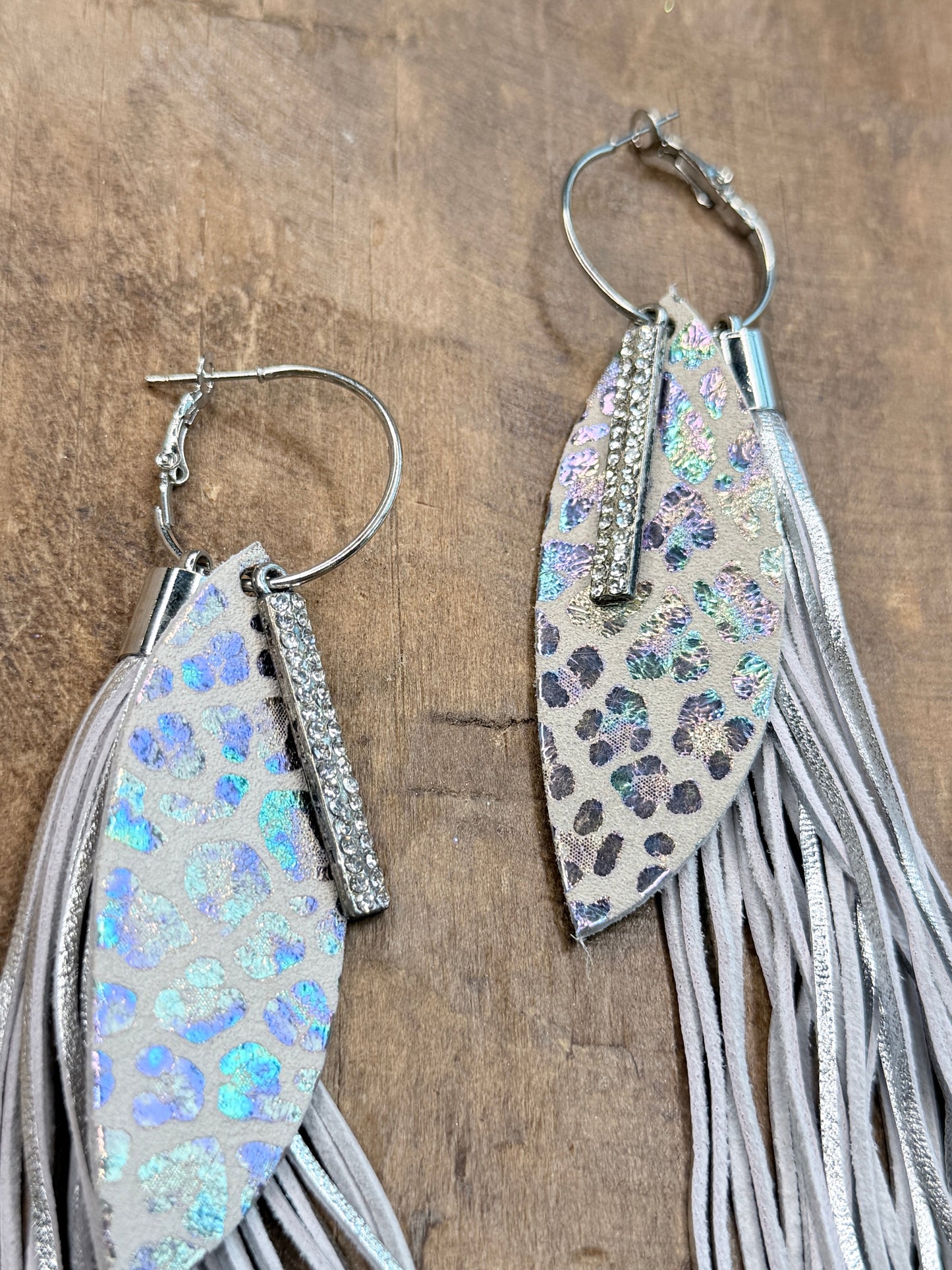 Sandra Ling Designs- Rainbow Leopard Fringe Feather Earrings