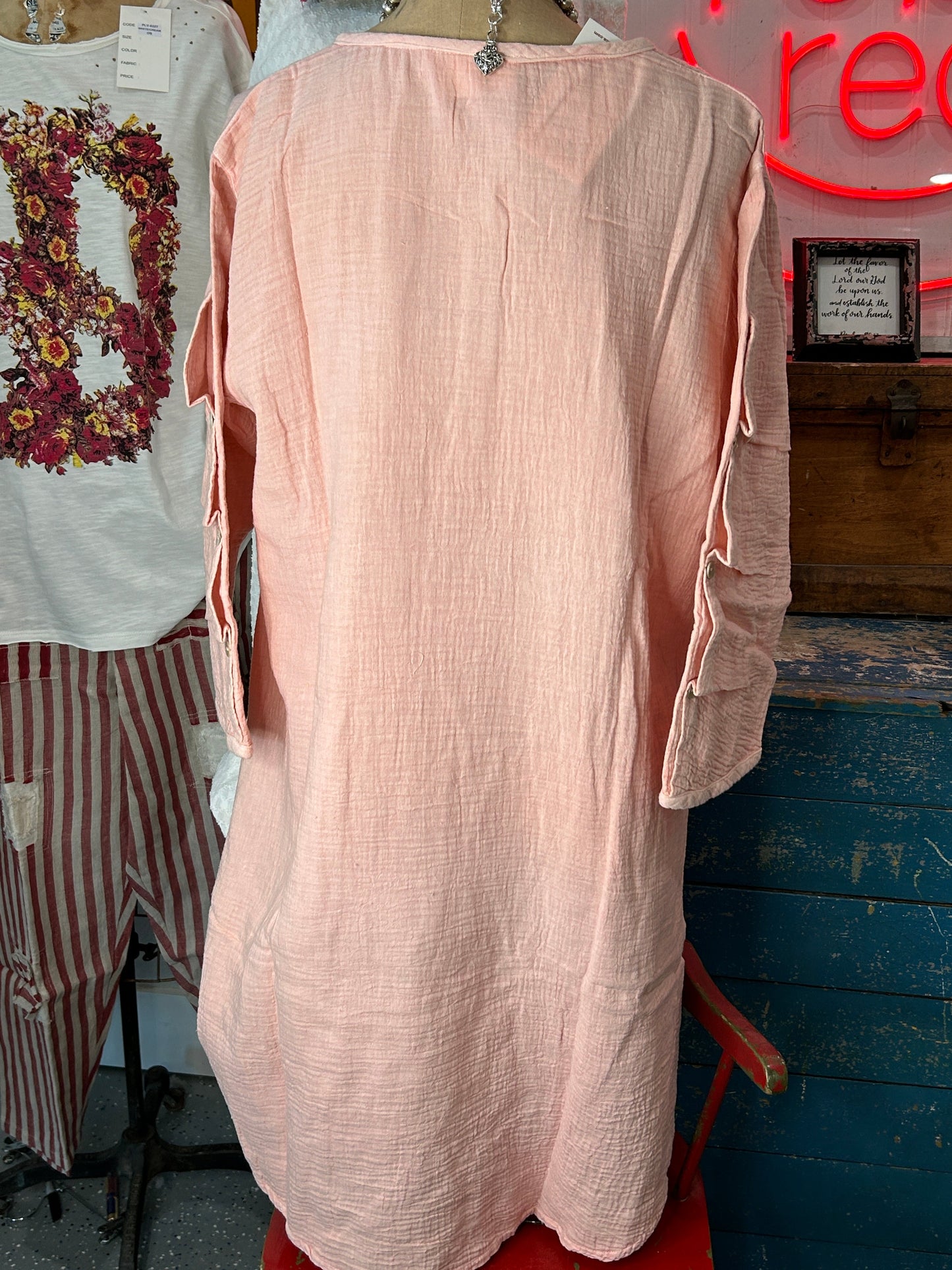 FINAL SALE Paper Lace Vintage Washed Tunic with Button Sleeves (Pink)