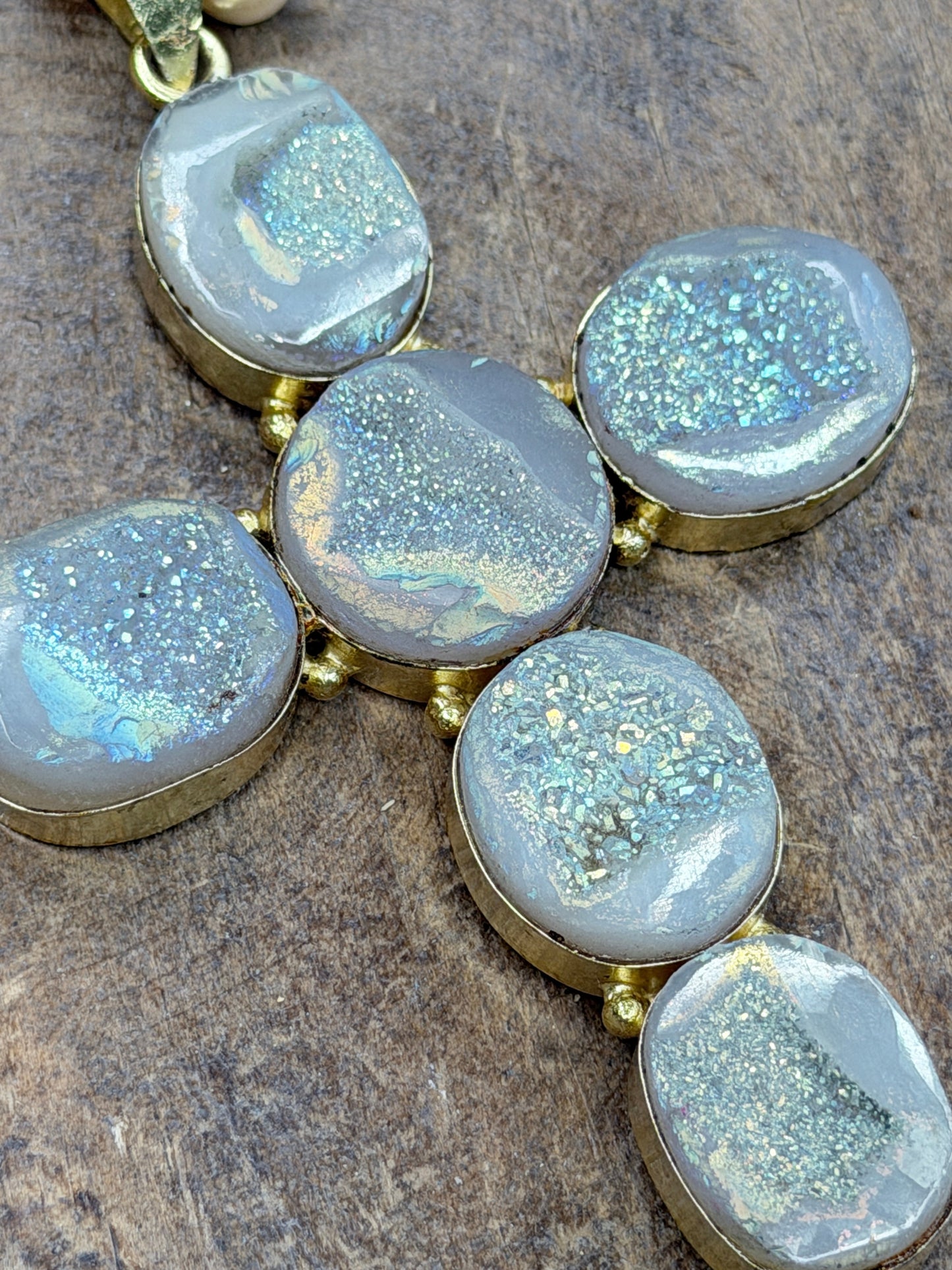 Bella German Silver Large Druzy Agate Cross Necklace