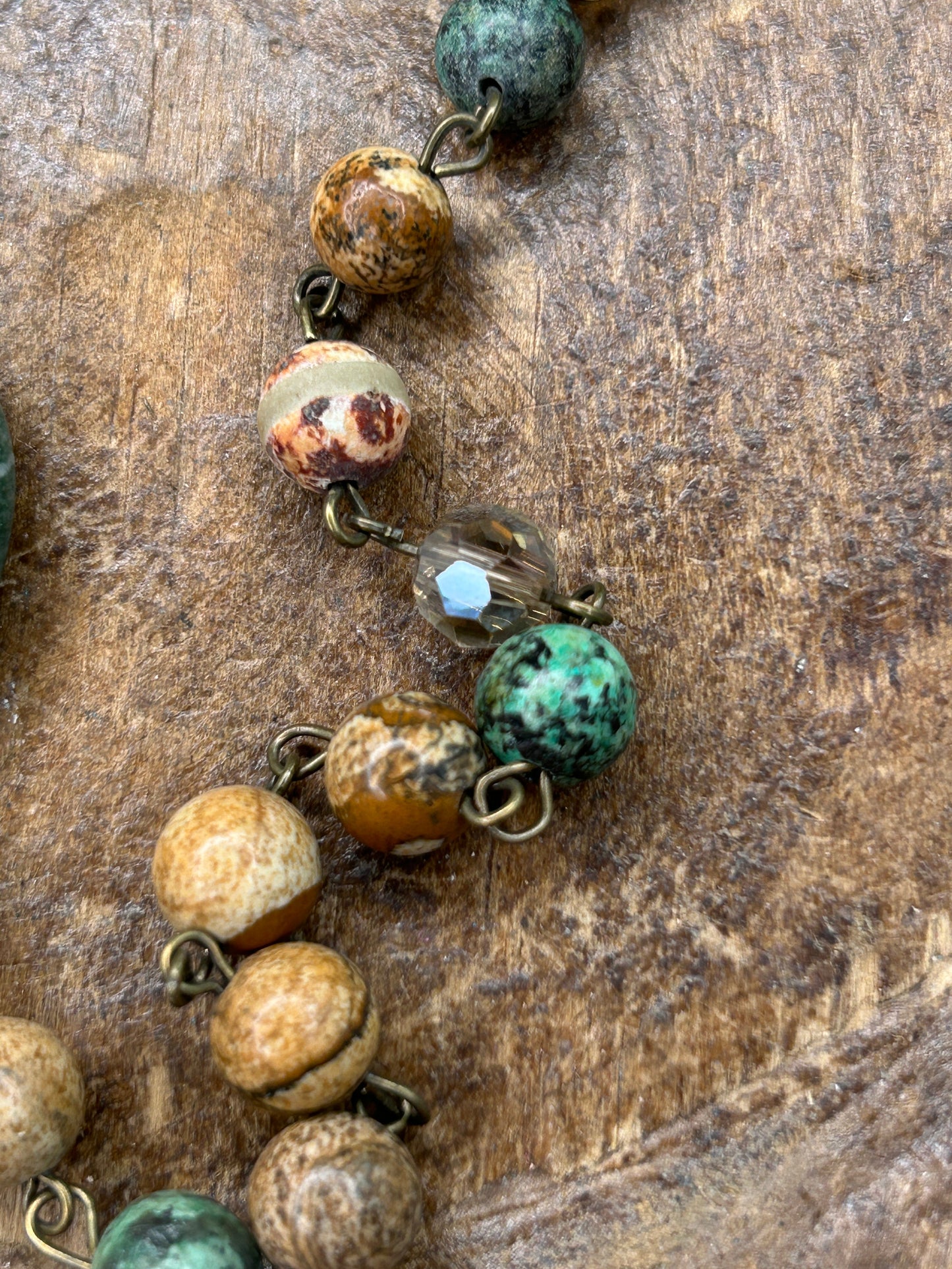 Long Multi-Beaded Textured Necklace with Green Stones
