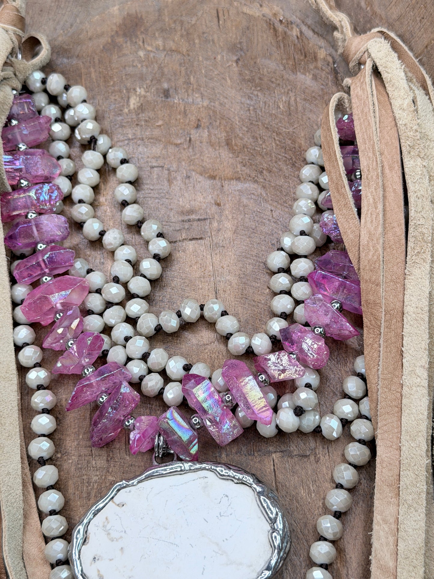 Chunky Soldered Howlite and Pink Agate Fringe Necklace