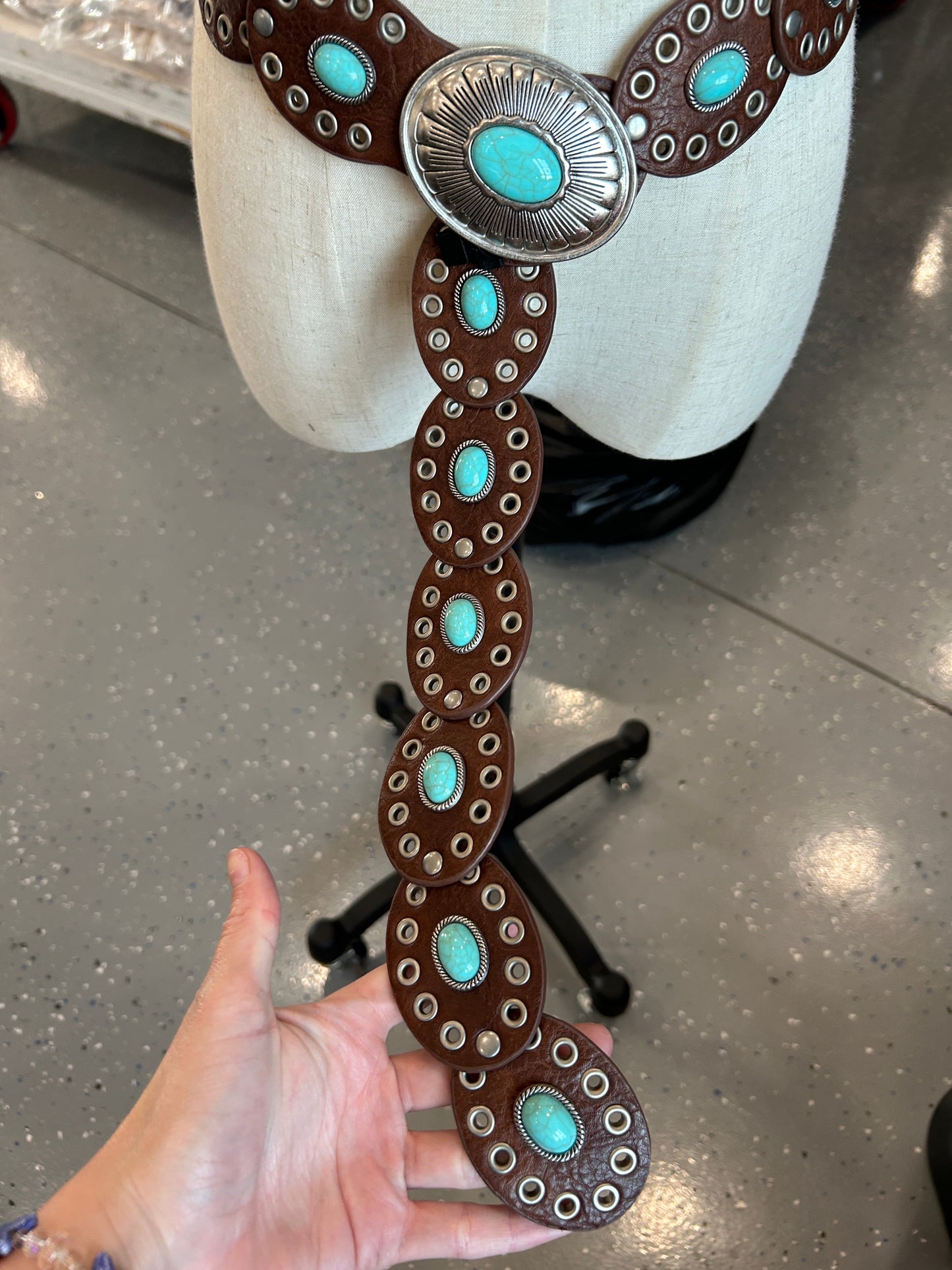 Turquoise Concho Leather Belt (Dark Brown)