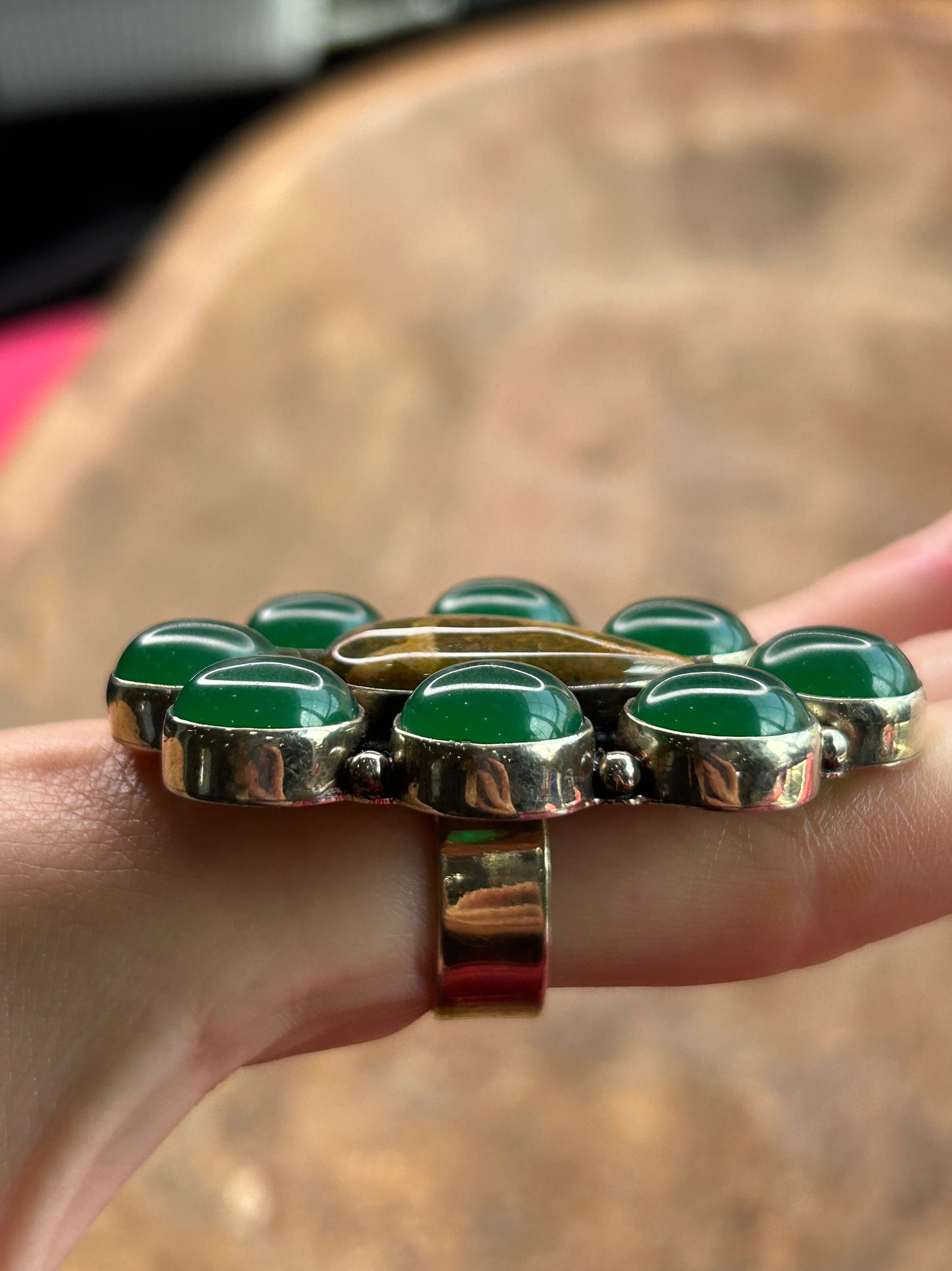 German Silver Jade and Jasper Cluster Ring