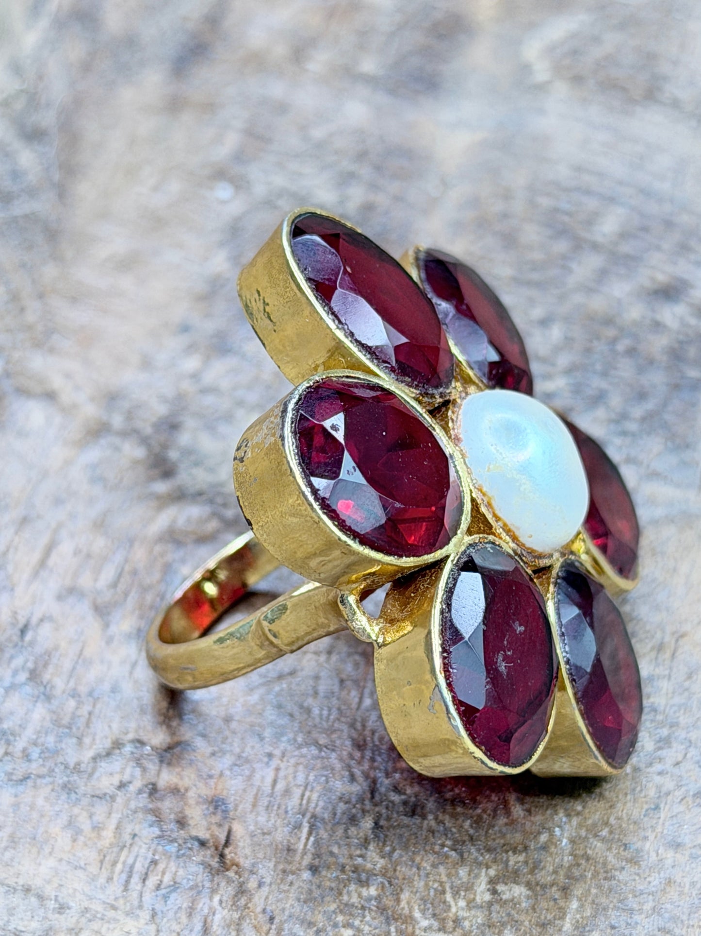 Gold Red Ruby and Pearl Cluster Ring