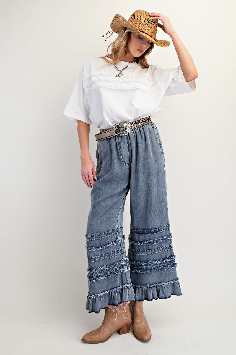 Easel- Self Fray Ruffle Bottom Pants (Dark Denim) *Final Sale*
