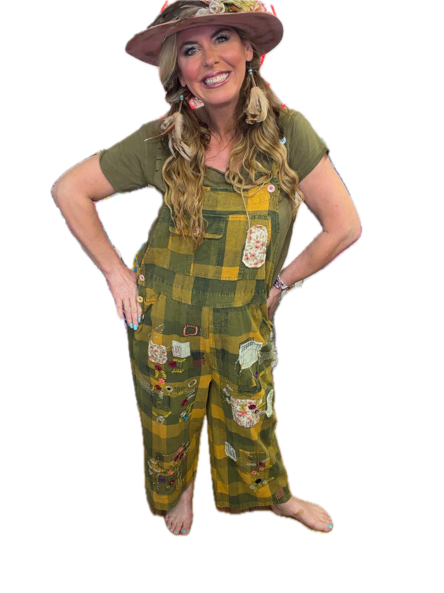 Bluevelvet- Flower Flannel Patchwork Overalls (Green/Yellow) *Final Sale*
