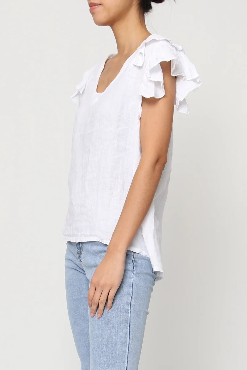 Ruffle Sleeve Linen Top (White)