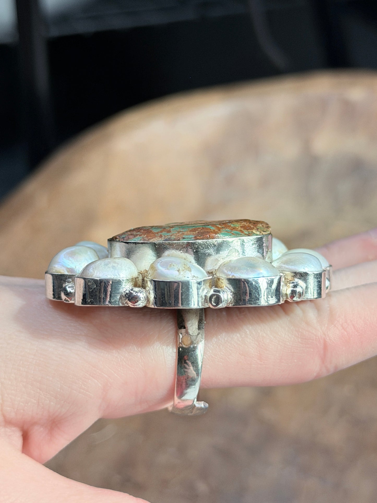 German Silver Turquoise and Pearl Cluster Ring