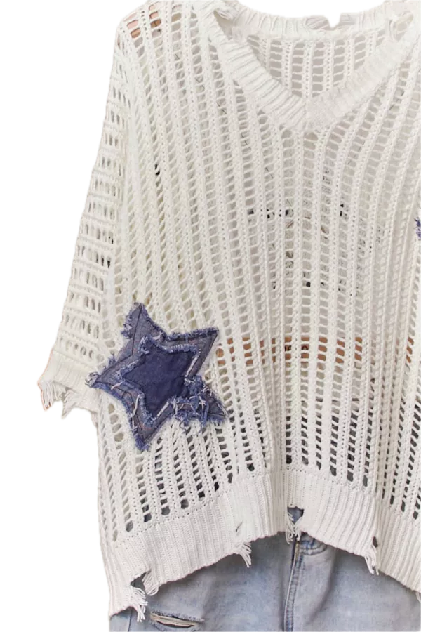 Distressed Star Knit Pullover (White) *Final Sale*
