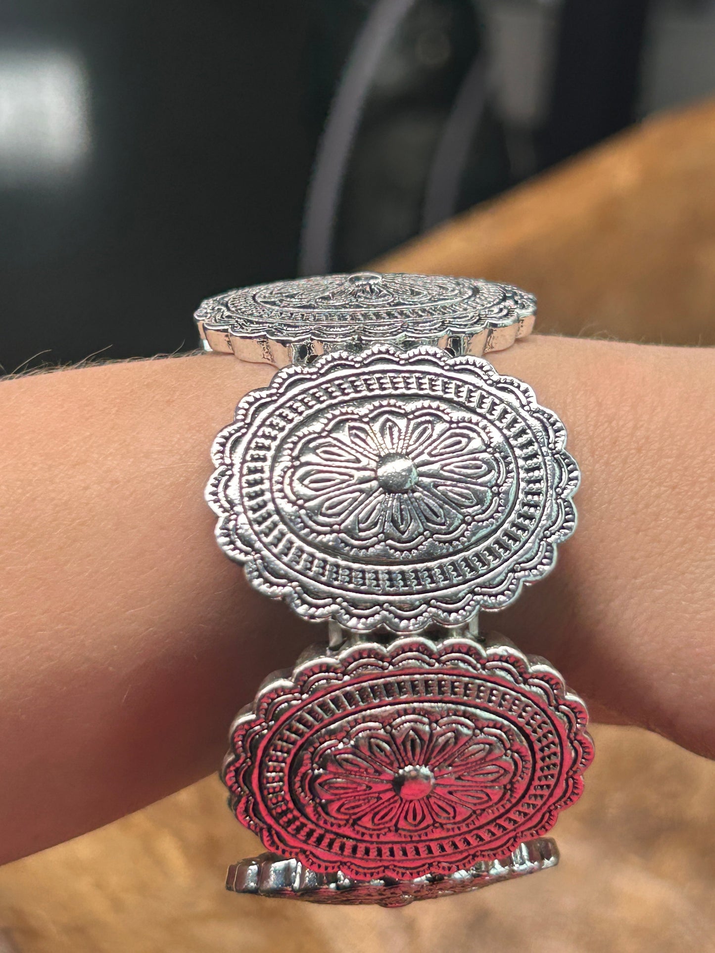 Engraved Silver Concho Stretch Bracelet