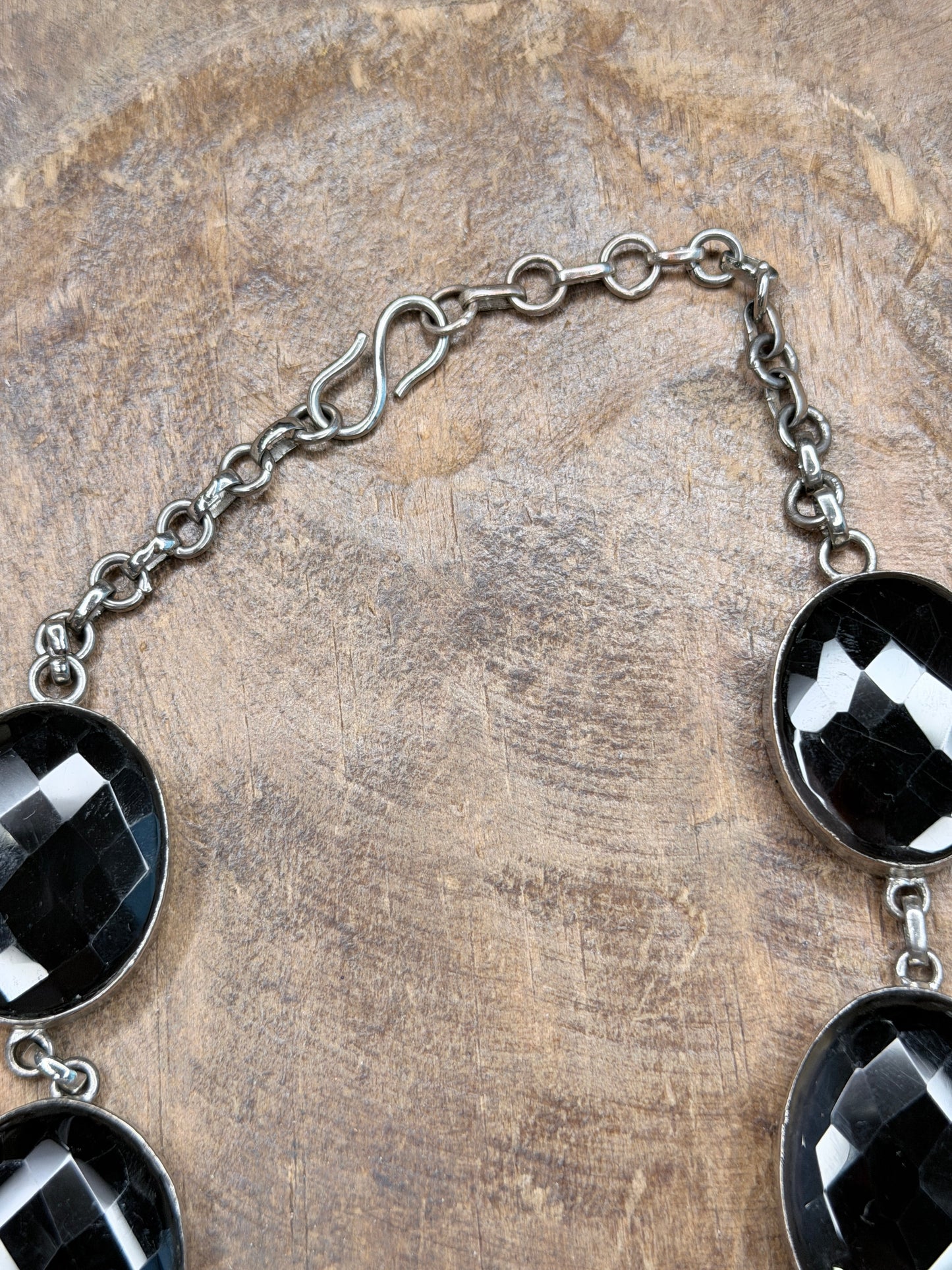 German Silver Faceted Black Agate and Pearl Necklace