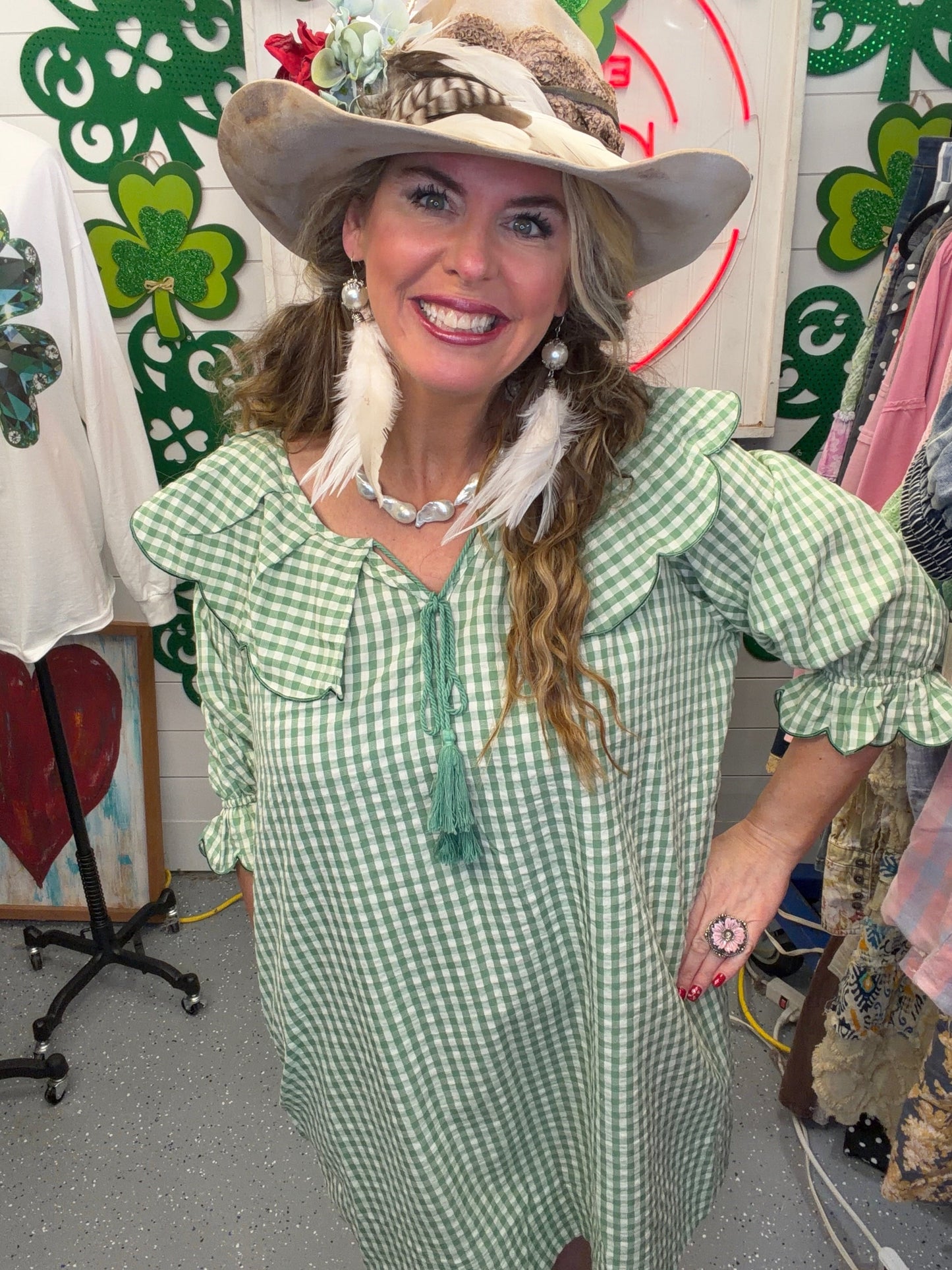FINAL SALE EASEL - Calyx Collar Gingham Seesucker Dress (Apple Green)
