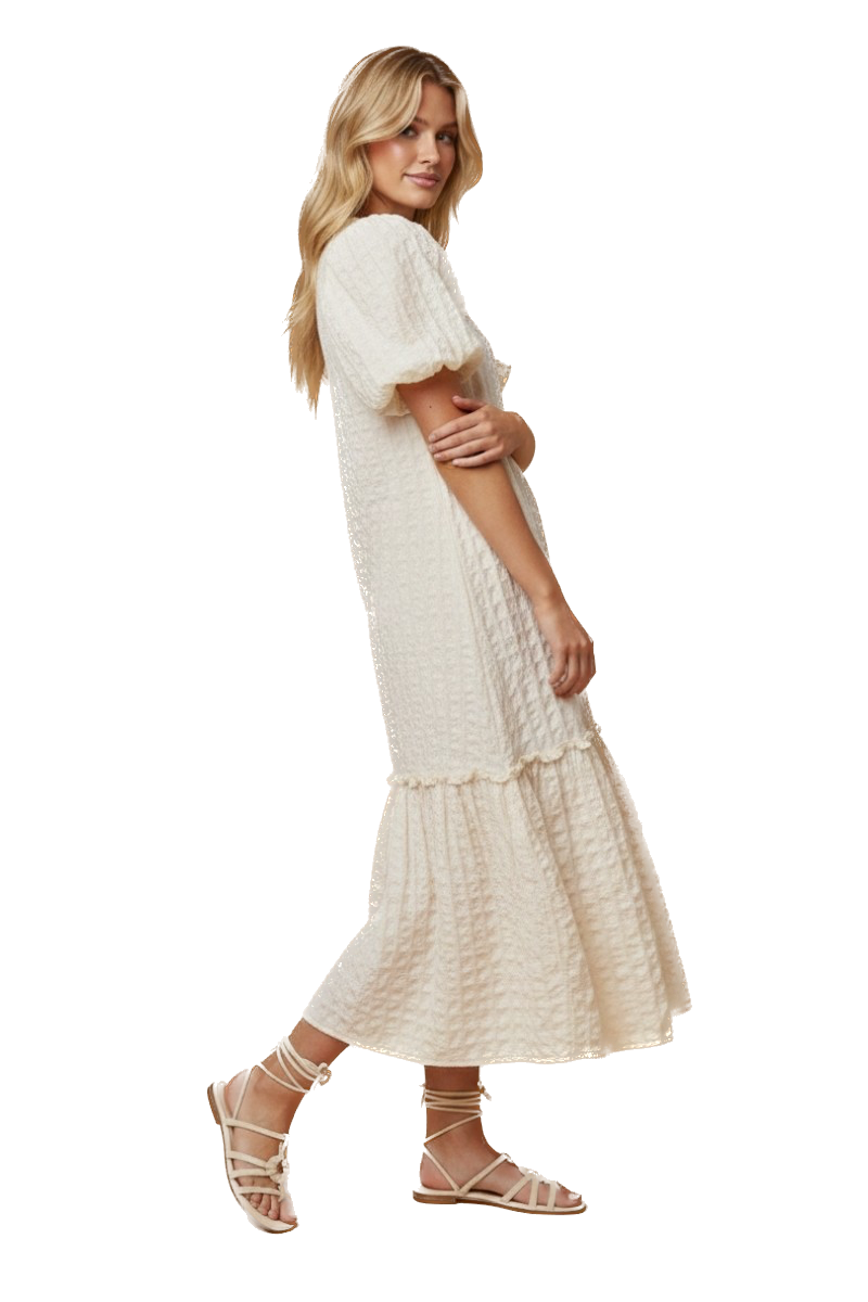 J.NNA- Embossed Textured Puff Sleeve Midi Dress (Cream)