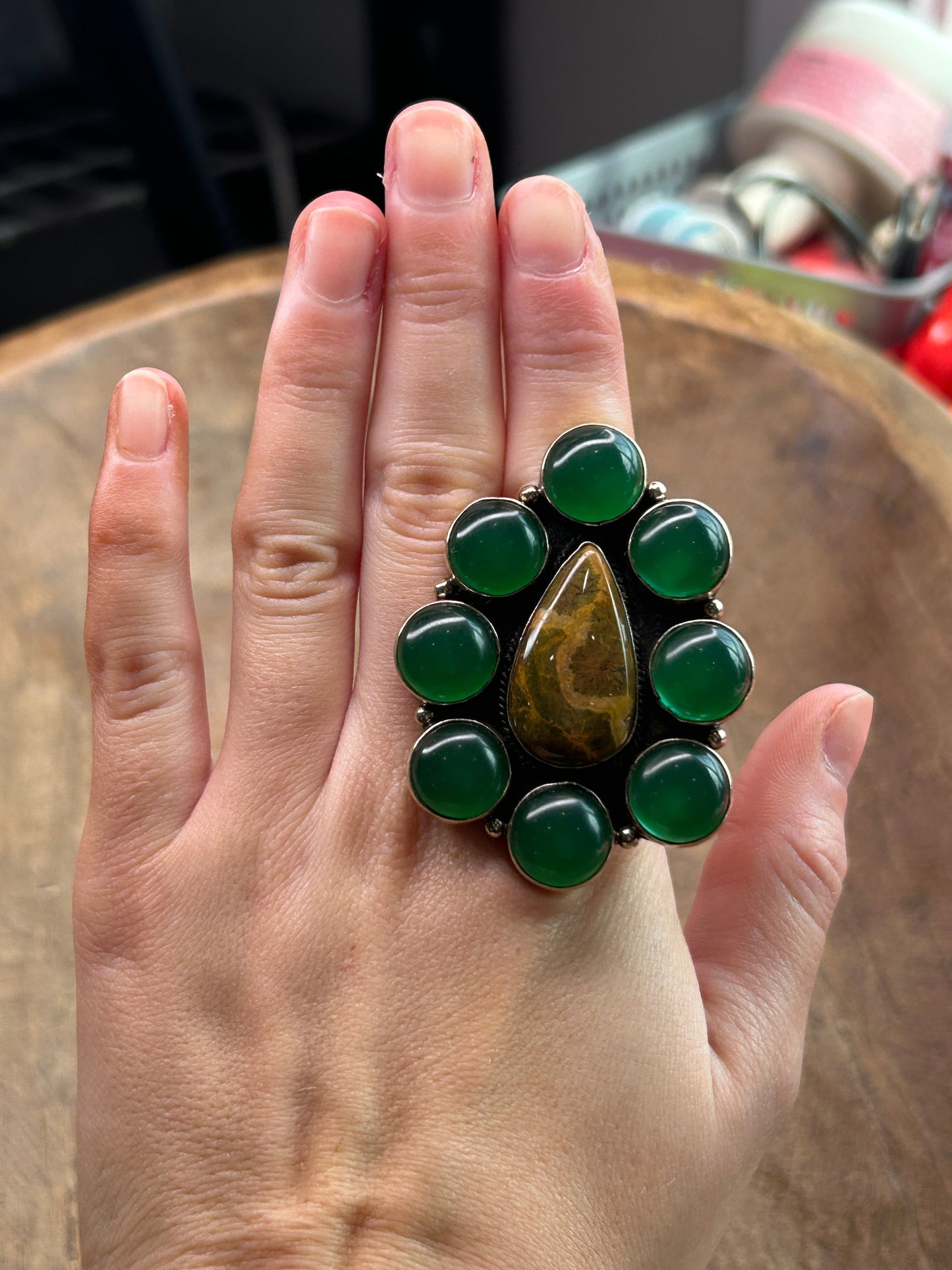 German Silver Jade and Jasper Cluster Ring