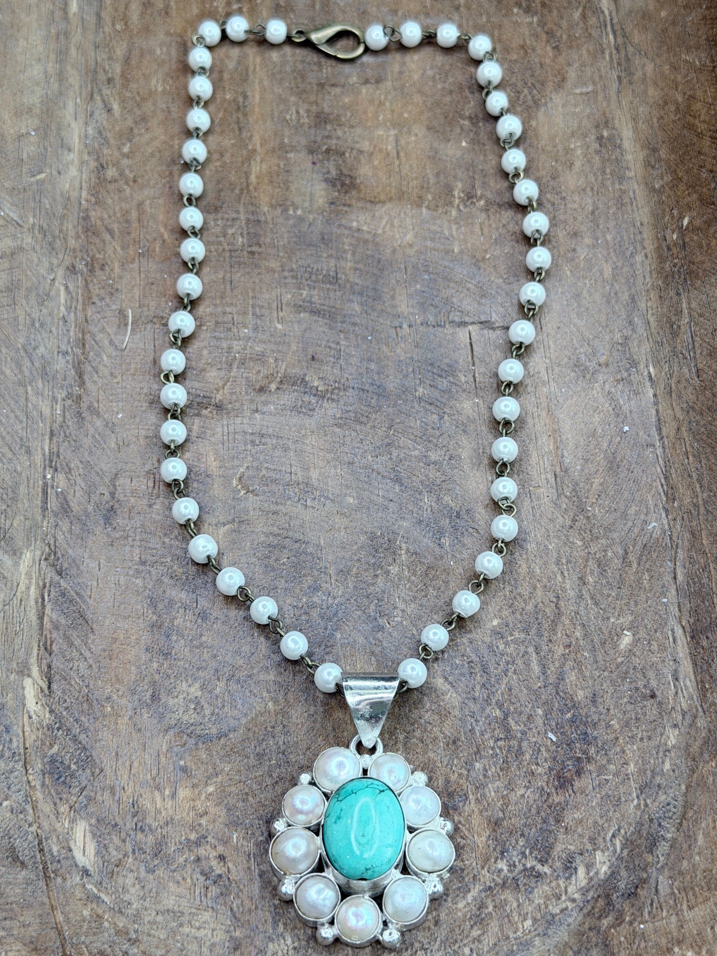 German Silver Dainty Malachite and Pearl Necklace