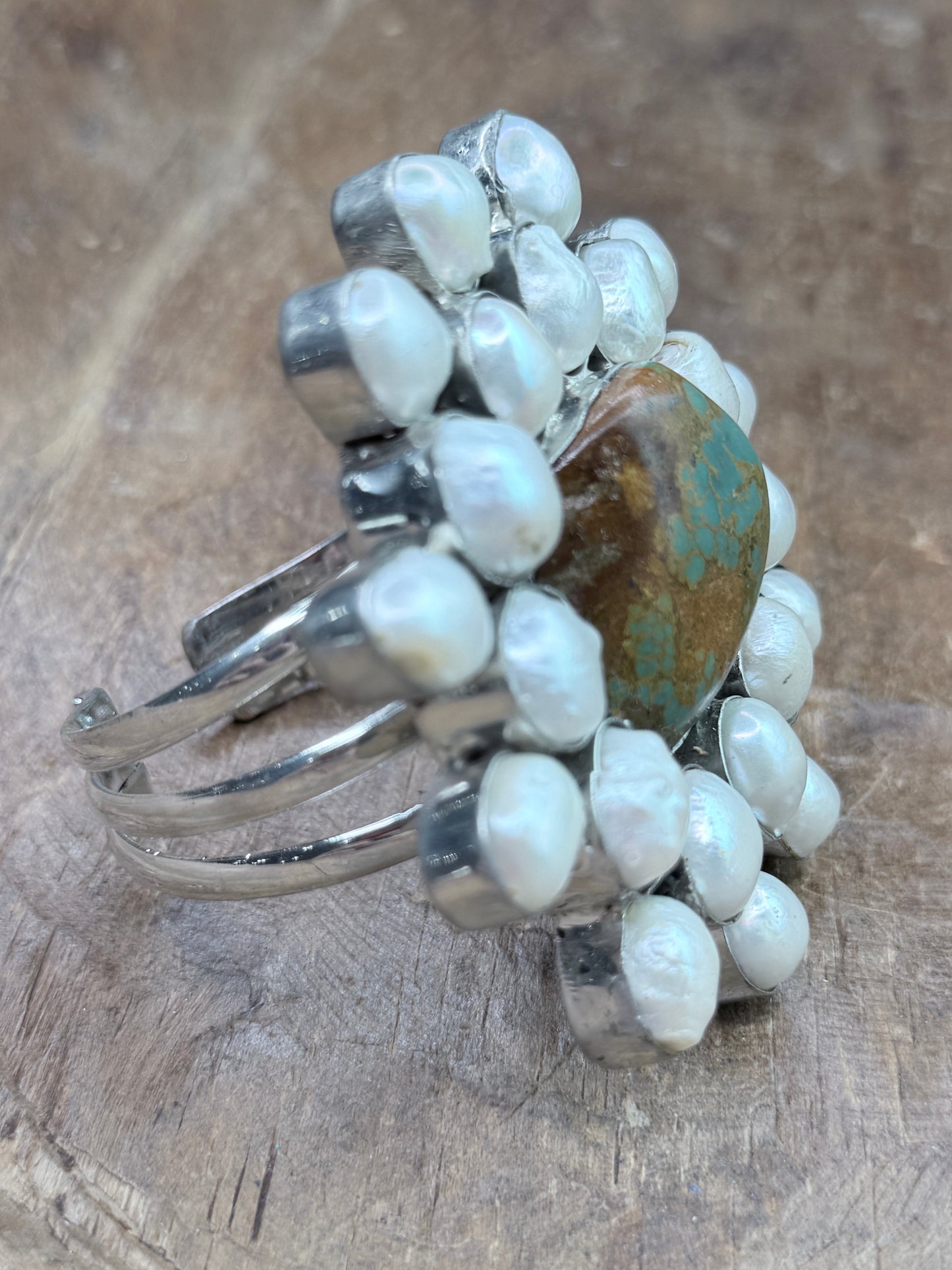 Bailey German Silver Freshwater Pearl and Turquoise Cluster Cuff