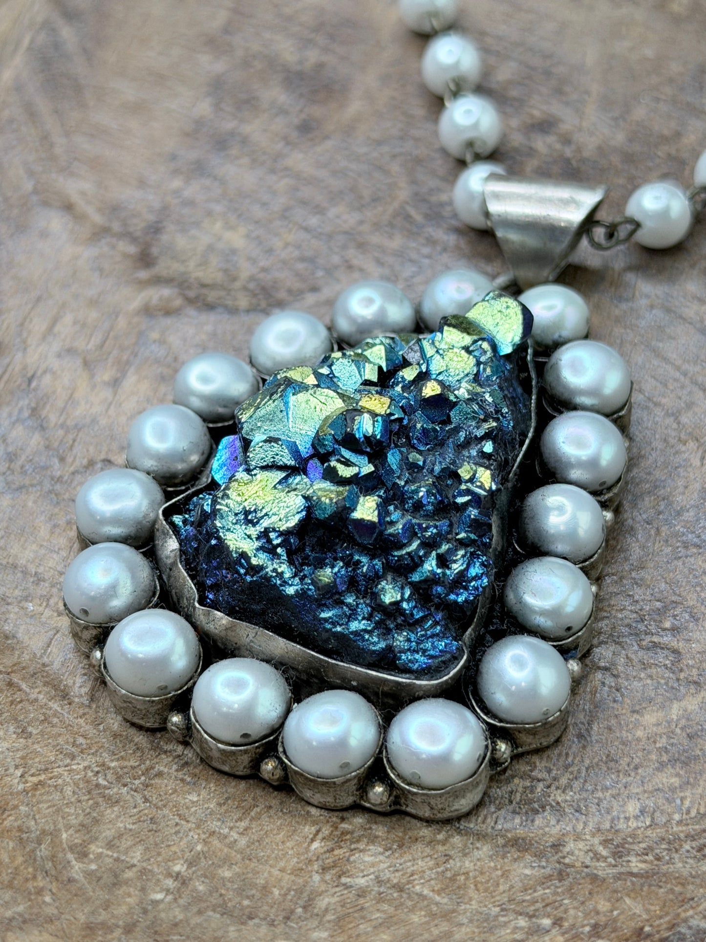 German Silver Blue Electro-Formed Druzy and Pearl Necklace