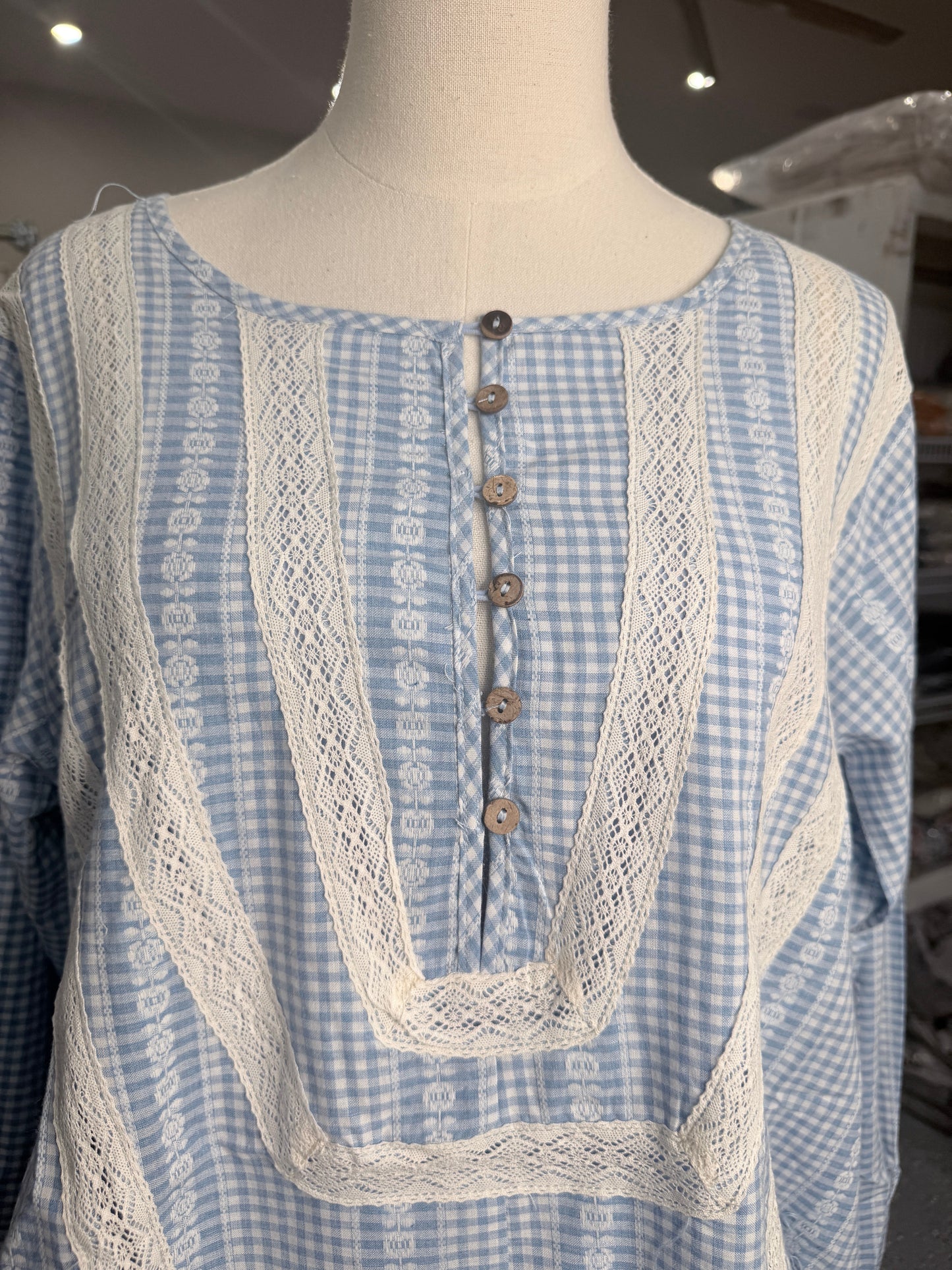 Oli & Hali- Washed Gingham Ruffle Hem Blouse (Blue) *Final Sale*