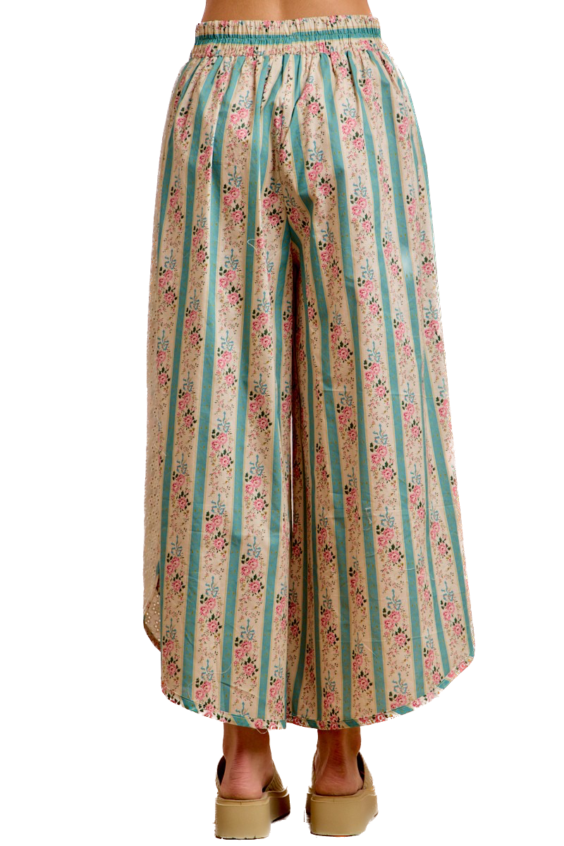 Bibi- Floral Eyelet Wide Leg Pants (Teal)