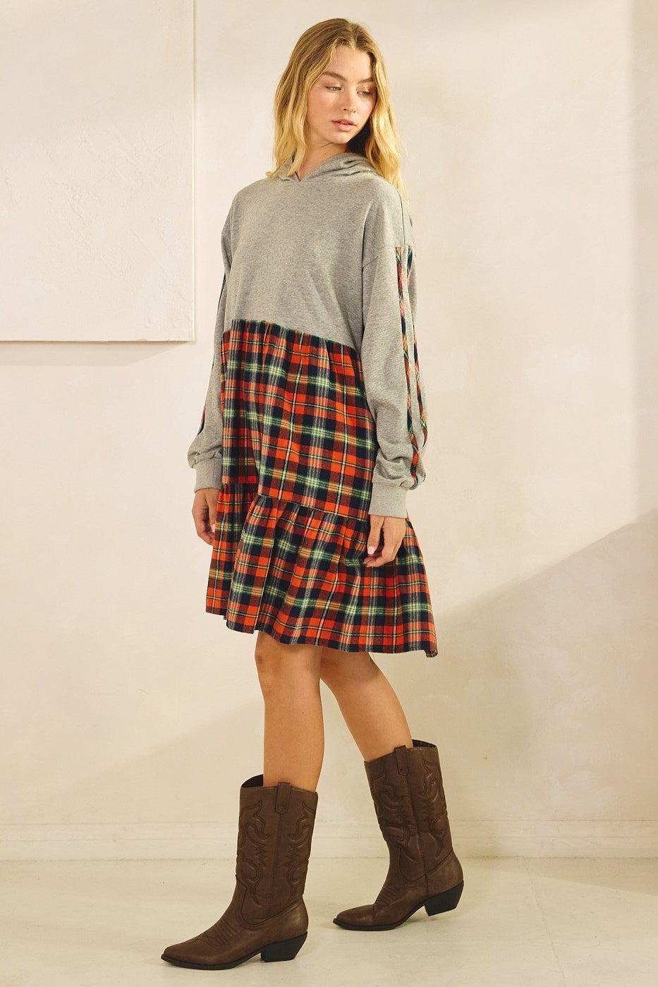 MITTOSHOP- Mixed Plaid Oversized Hoodie Dress (Orange/Blue) *Final Sale*