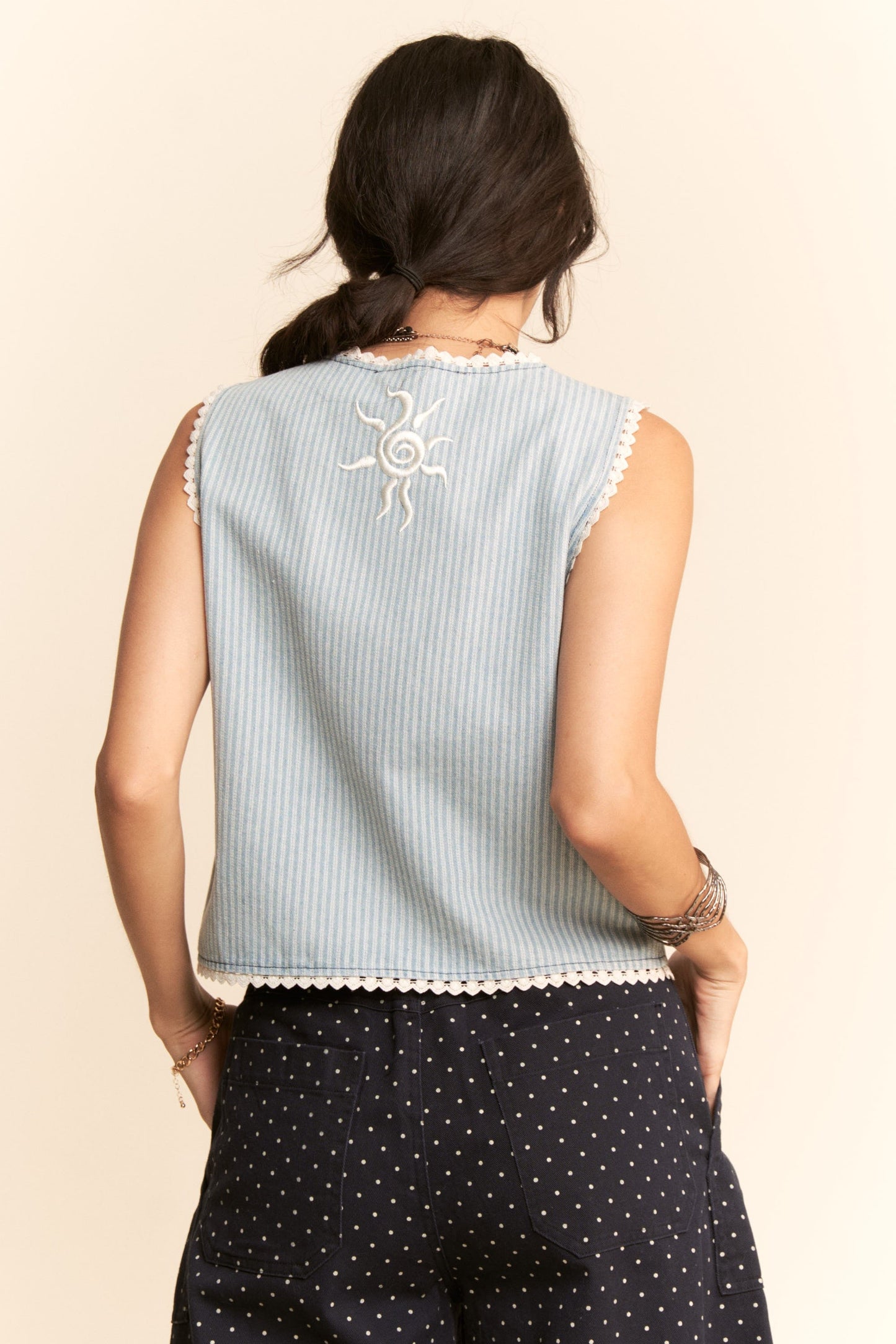 Davi & Dani- Striped Denim Sun and Moon Vest *Final Sale*
