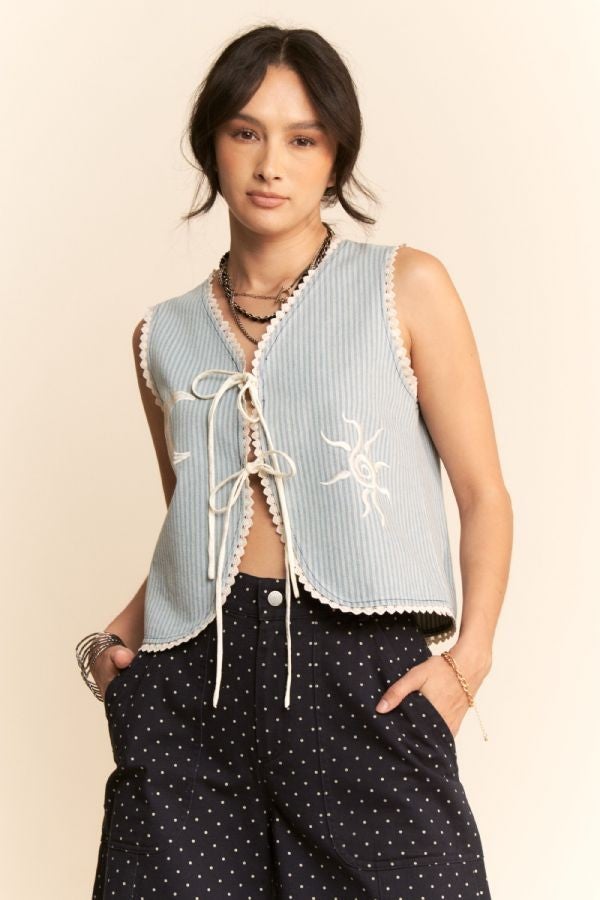Davi & Dani- Striped Denim Sun and Moon Vest *Final Sale*