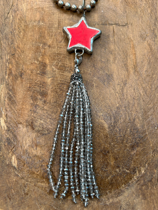 Crystal Tassel Soldered Red Star Necklace