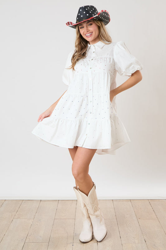 Peach Love- Red, White, and Blue Rhinestone Accent Dress (White) FINAL SALE