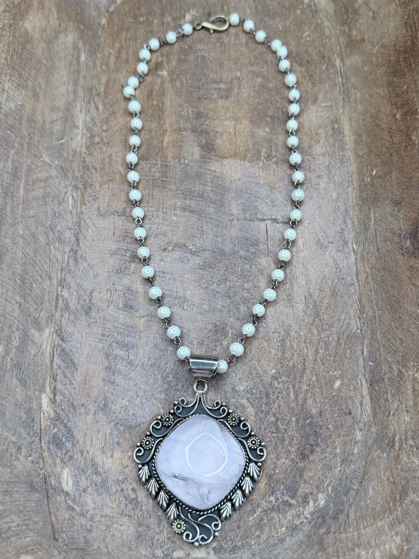 German Silver Embellished Rose Quartz Necklace