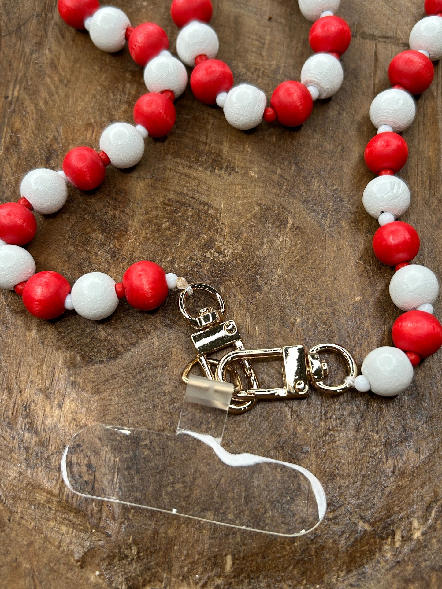 Red and White Beaded Phone Strap