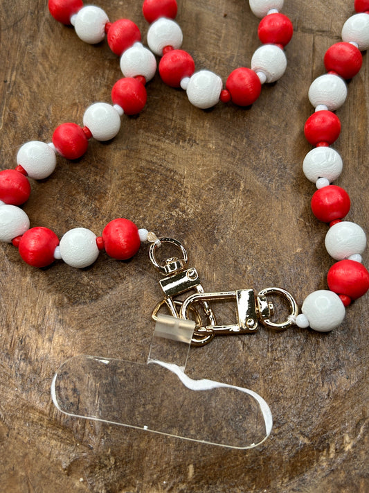 Red and White Beaded Phone Strap