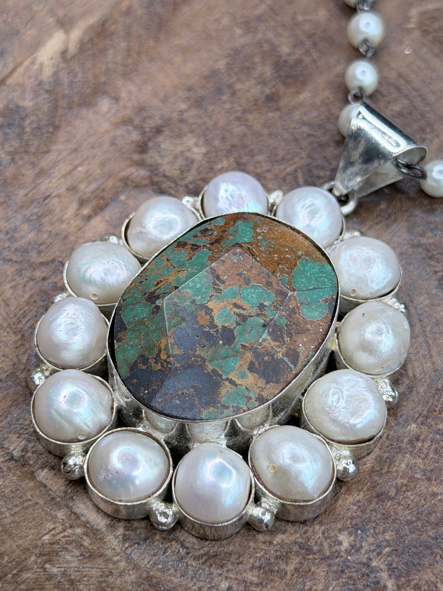 German Silver Turquoise and Pearl Cluster Necklace