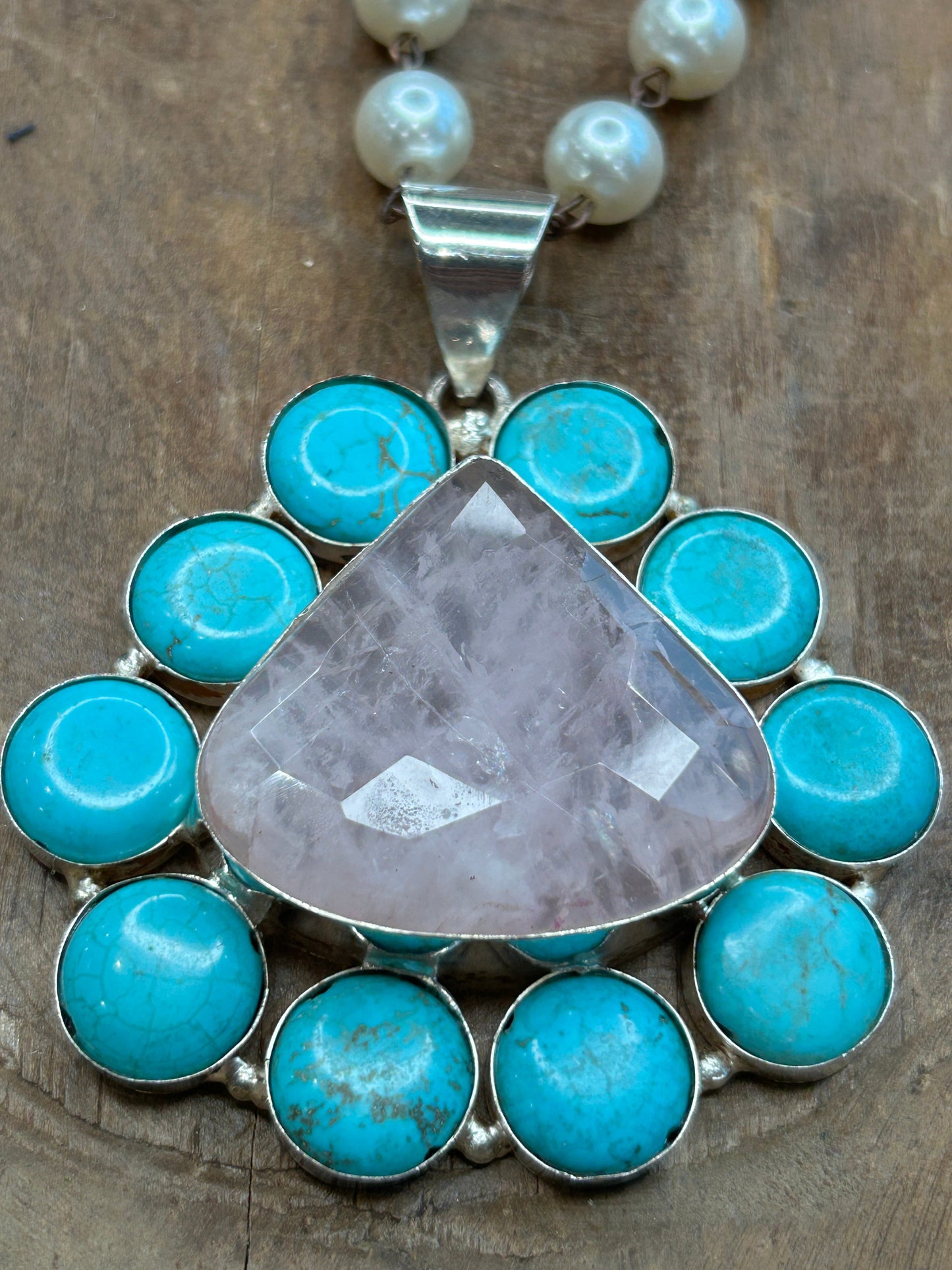 German Silver Turquoise and Pink Quartz Necklace