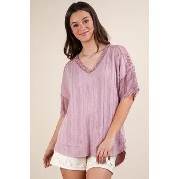 Very J Oversized Contrast Knit Comfy Casual Top in Blush *Final Sale*