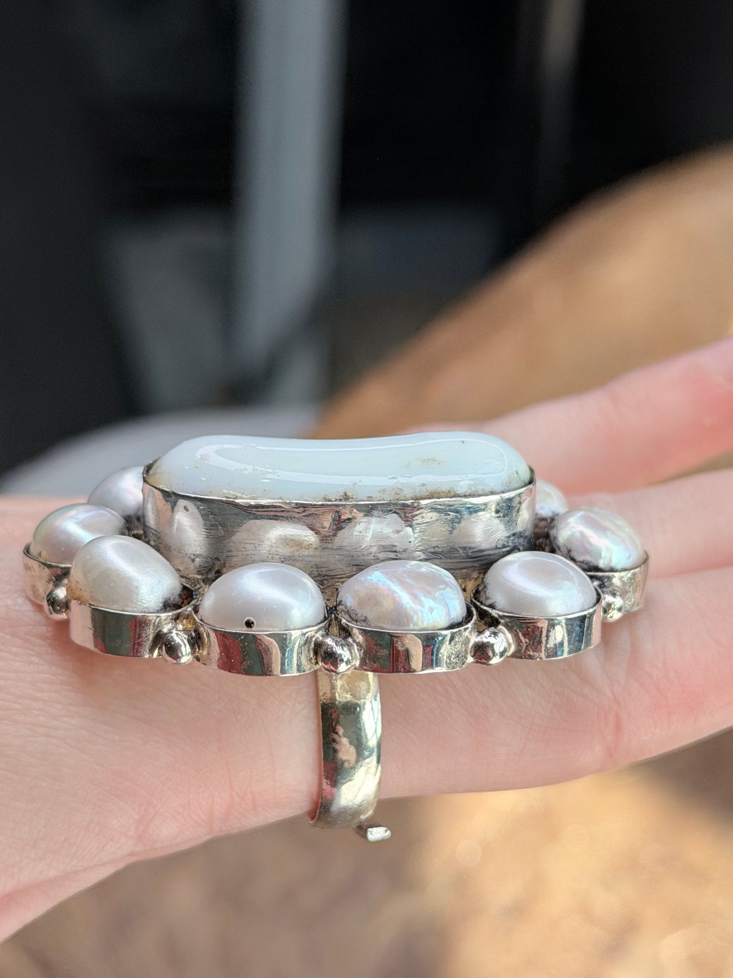 German Silver Agate and Pearl Cluster Ring