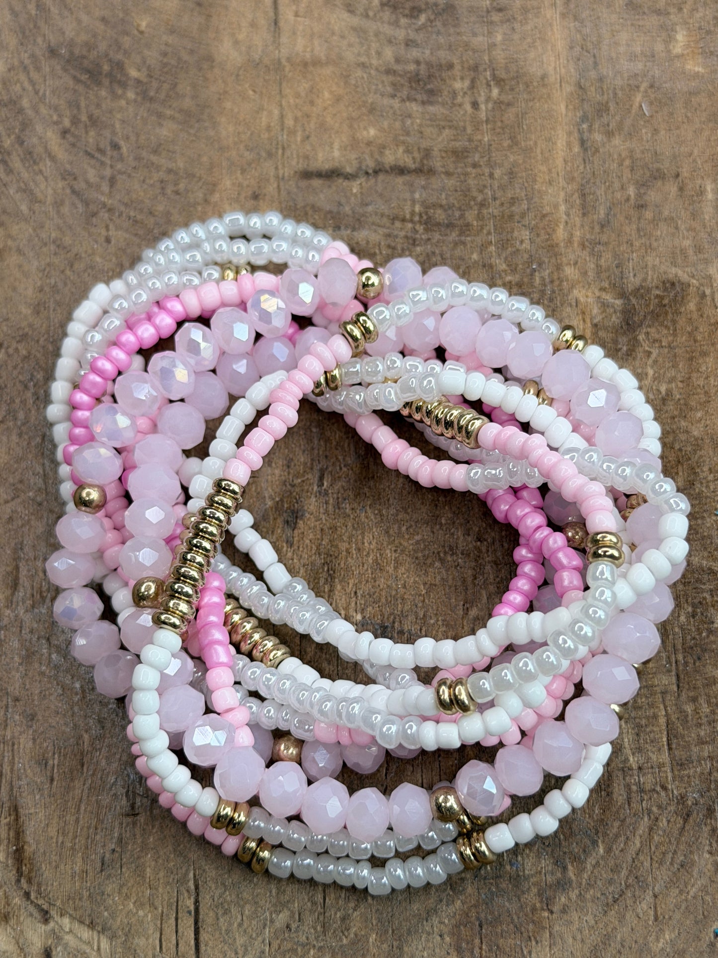 Bri Pink and Gold Crystal Beaded Bracelet Stack