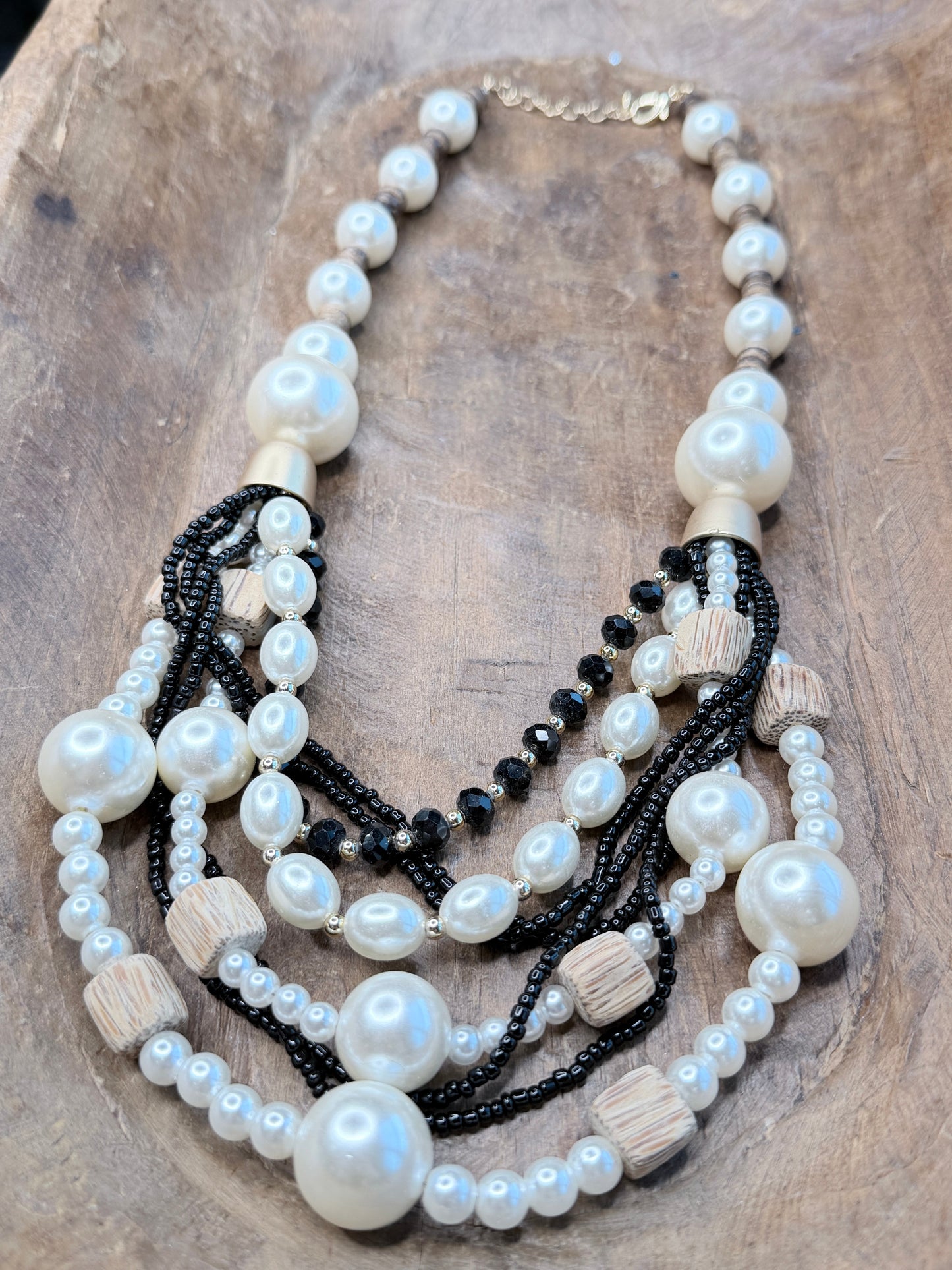 Long Layered Wood and Pearl Necklace